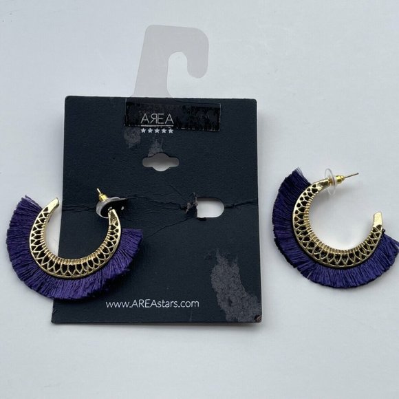 AREA Jewelry Earrings Gold Tone hoops Post Purple Fringe Fabric - Picture 5 of 12